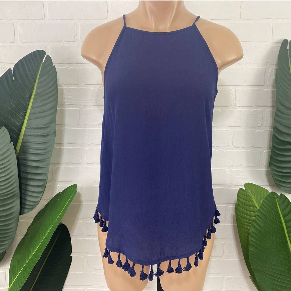 BLQ navy blue rounded hem tassel tank top